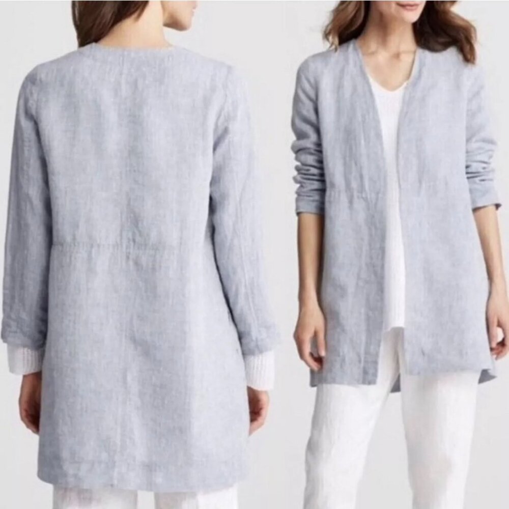 Eileen Fisher Organic Linen Blue Duster Jacket Open Front Lagenlook Mature
